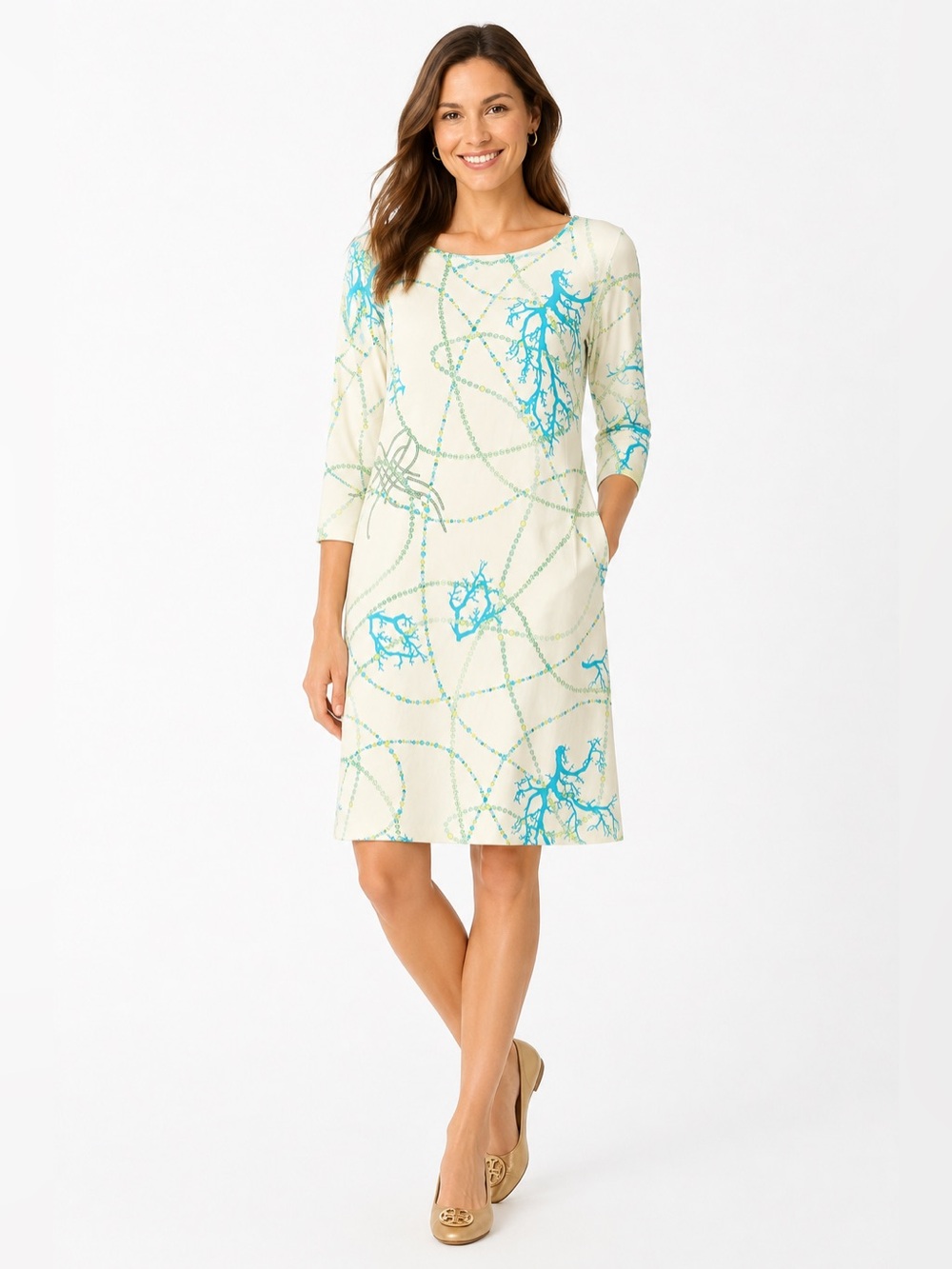 J. McLaughlin L Corals & Pearls Catalina Cloth 3/4 Sleeve Dress